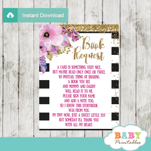 watercolor pink floral black and white striped book request cards invitation inserts