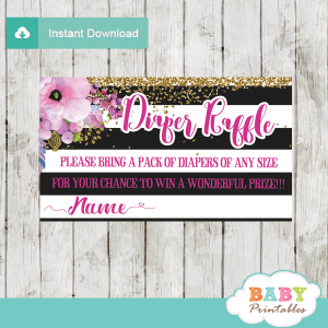 watercolor pink floral diaper raffle tickets black and white stripes gold glitter