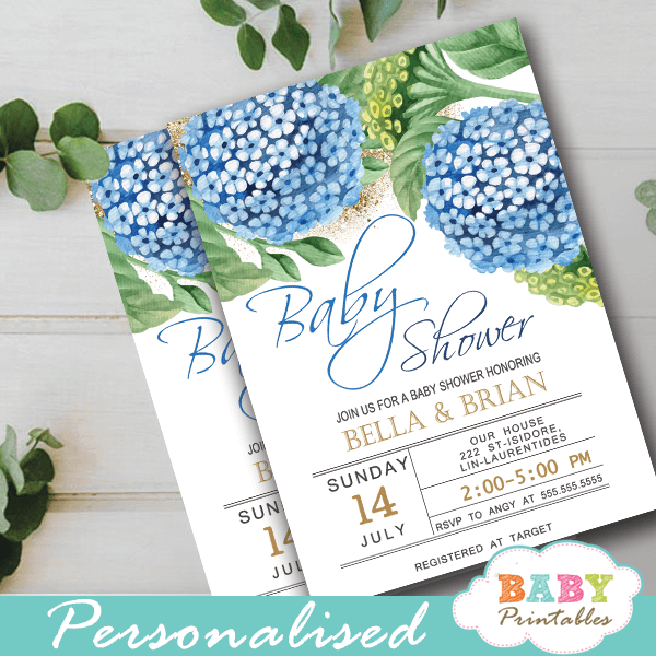 blue hydrangea floral baby shower invitations spring flowers greenery gold glitter boy