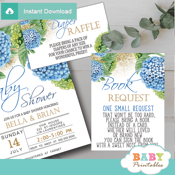 blue hydrangea floral book request cards spring flowers greenery gold glitter boy