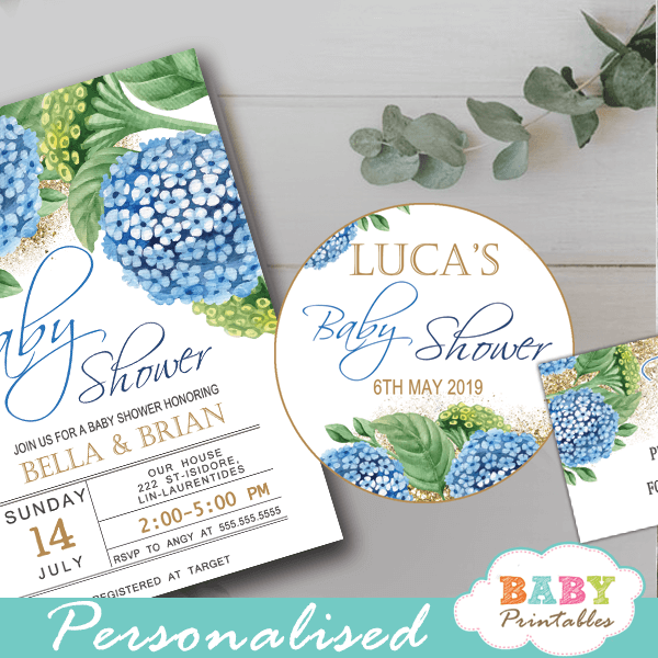 custom baby shower favor tags watercolor blue hydrangea floral toppers gold sparkle boy greenery