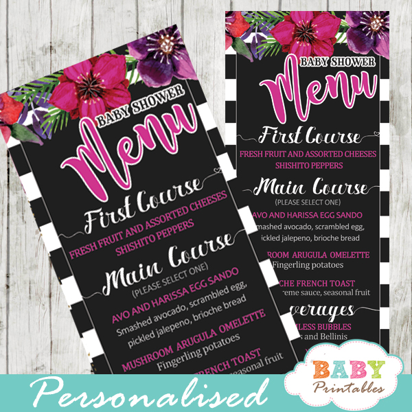 fuchsia floral baby shower menu cards black and white striped gold glitter food ideas cards template