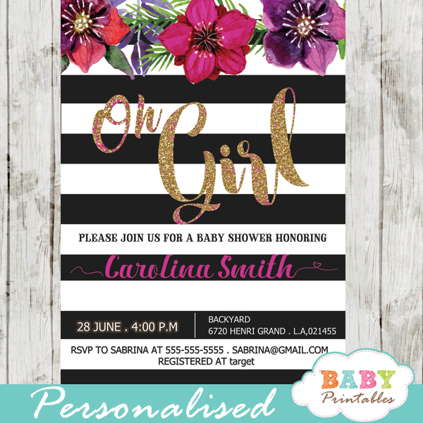 fuchsia floral baby shower invitations spring flowers black and white striped