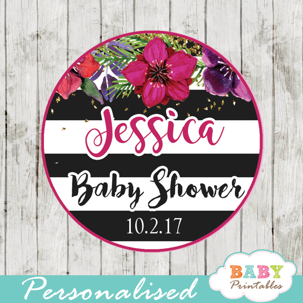custom baby shower favor tags fuchsia purplish red floral watercolor black white striped toppers