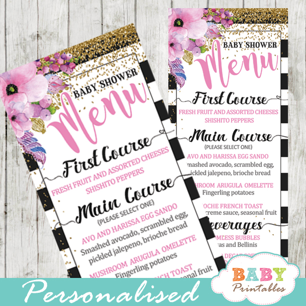 pink floral baby shower menu cards black and white striped gold glitter food ideas template