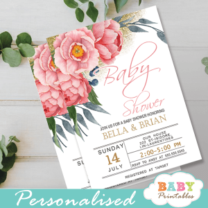pink peonies floral baby shower invitations spring flowers greenery gold glitter it's a girl