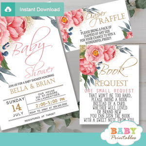 watercolor pink peony floral book request cards invitation inserts gold glitter greenery