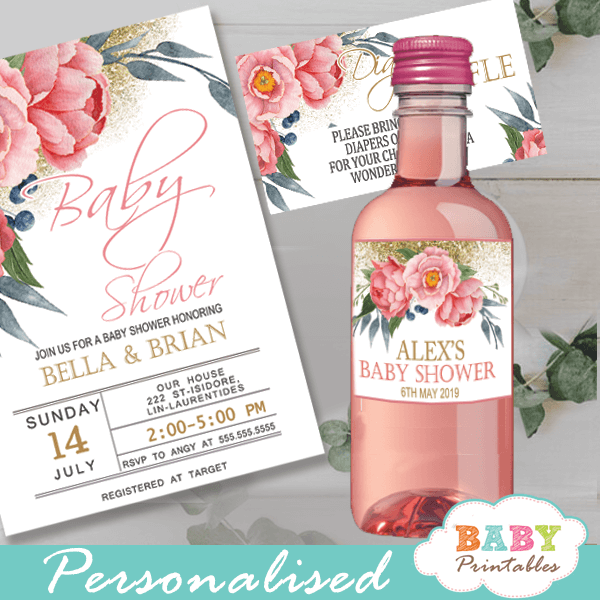 pink peony flowers water bottle wrappers gold glitter sparkle spring garden watercolor theme