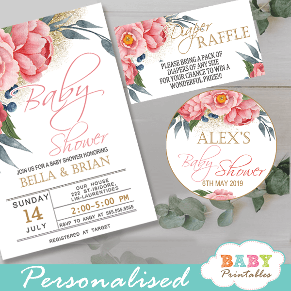 custom baby shower favor tags watercolor pink peony floral toppers gold greenery theme gift ideas