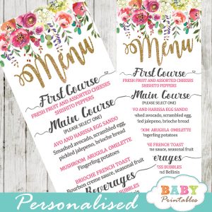 pink white flower garden baby shower menu cards table food ideas
