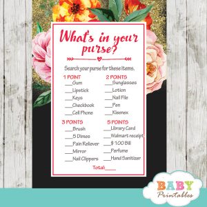 watercolor pink orange yellow roses floral baby shower games spring garden theme what's in your purse