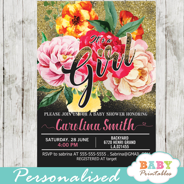 peach pink yellow watercolor roses floral baby shower invitations spring flowers green black and gold glitter it's a girl