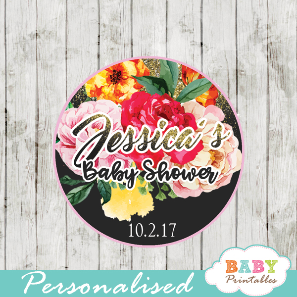 custom baby shower favor tags watercolor pink yellow orange roses floral toppers gold sparkle girls