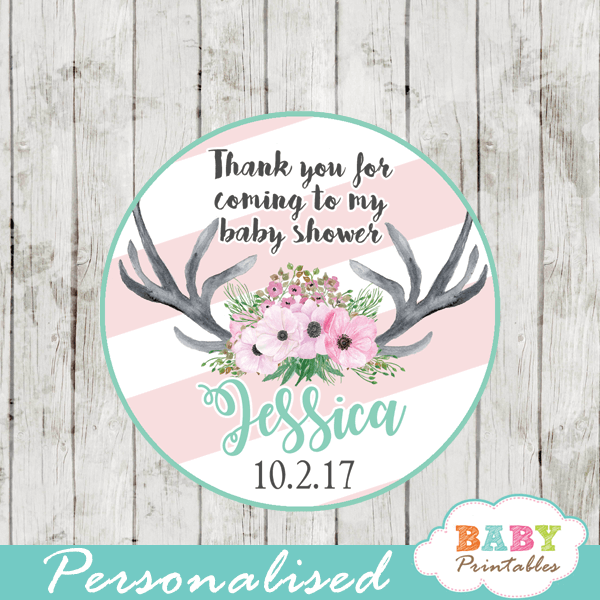 personalized baby shower favor tags pink floral antlers deer cupcake toppers