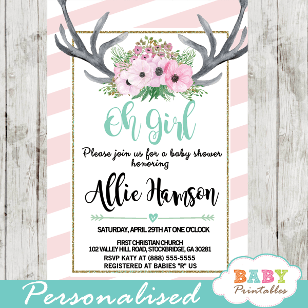 deer themed baby shower invitations pink tiffany blue floral antlers