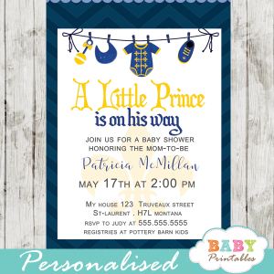 royal baby shower invitations little prince blue clothesline onesie bib