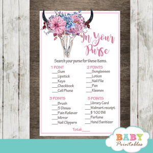 rustic chic pink floral boho baby shower games western theme in your purse