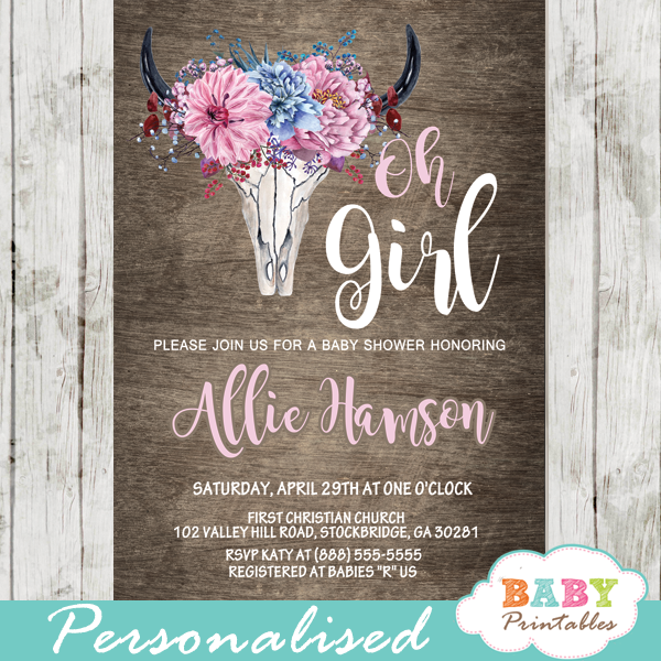 rustic chic boho baby shower invitations watercolor floral bull cow skull