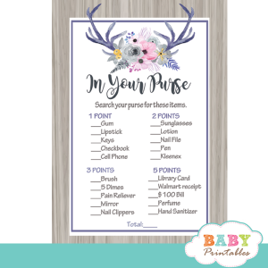 grey pink watercolor floral antlers baby shower games deer theme in your purse rustic wood