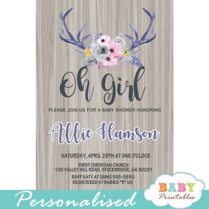 deer themed baby shower invitations pink gray indigo watercolor floral antlers