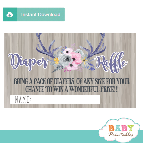 watercolor floral deer antlers diaper raffle tickets rustic wood grey pink