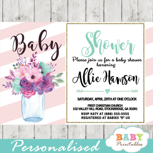 mason jar baby shower invitations template pink blush turquoise watercolor flowers