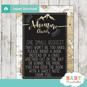 white tan black gender neutral adventure awaits travel theme baby shower book request cards world map