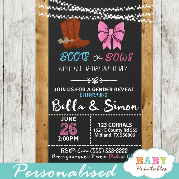 boots or bows gender reveal invitations barn wood western