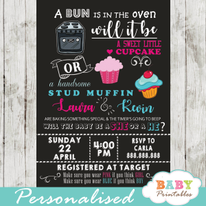 sweet little cupcake or stud muffin gender reveal invitations bun over