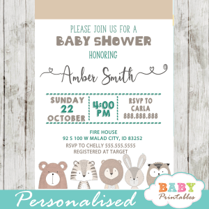 hand drawn forest animals baby shower invitations turquoise blue boy