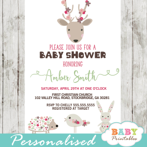 pink floral forest animals baby shower invitations girl flowers