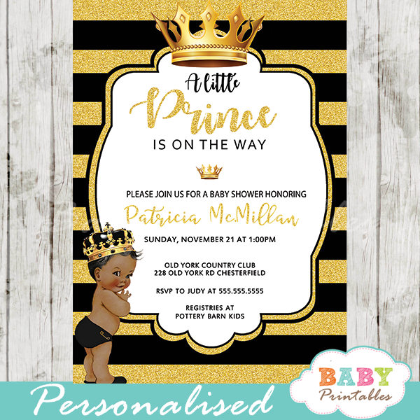 african american black and gold little prince baby shower invitations – d274