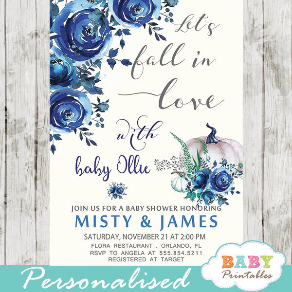 Floral Blue Fall In Love Baby Shower Invitations D342 Baby