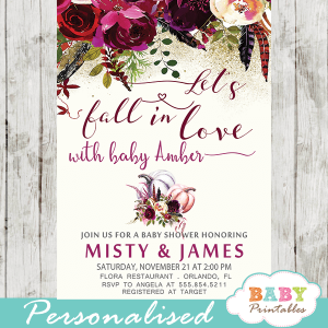autumn fall in love baby shower invitations floral burgundy girl