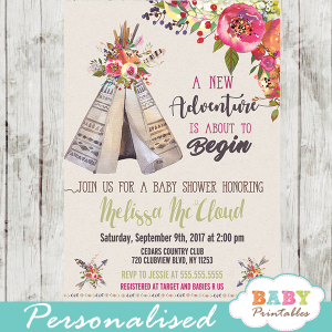 floral tribal teepee baby shower invitations boho feather girl theme garden bouquet