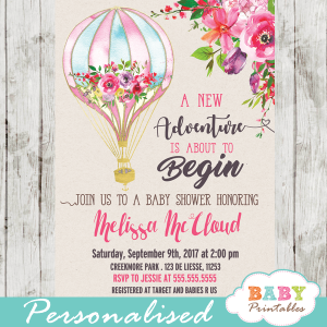 hot air balloon baby shower invitations watercolor elegent pink flowers