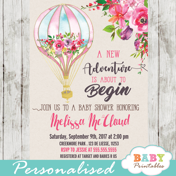 hot air balloon baby shower invitations, pink floral – d373