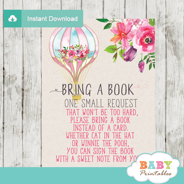 hot air balloon book request cards watercolor flowers elegant pink baby girl