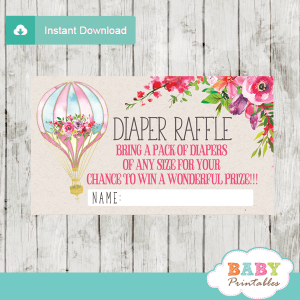 watercolor pink floral hot air balloon diaper raffle tickets baby girl