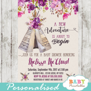 floral tribal teepee baby shower invitations boho feather girl theme garden bouquet pink purple watercolor