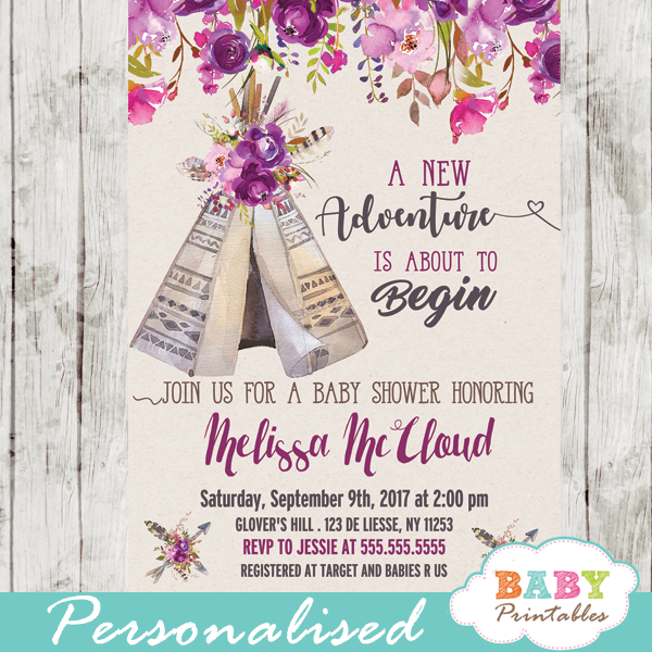 Purple Floral Boho Teepee Baby Shower Invitations D334 Baby