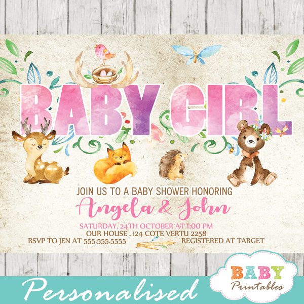 watercolor rustic woodland baby girl shower invitations forest animals pink