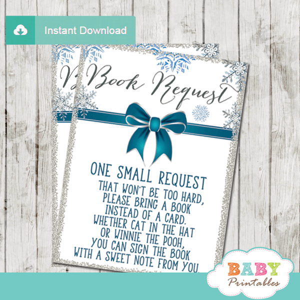 baby it's cold outside book request cards blue silver winter wonderland snowflakes boy blue teal silver gray ribbon bow elegant