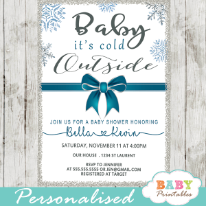 baby it's cold outside invitations blue teal ribbon bow snowflake silver winter wonderland baby boy shower