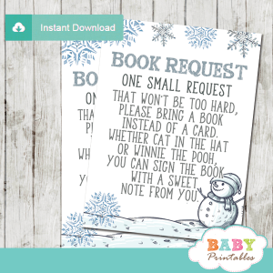 baby it's cold outside book request cards blue silver winter wonderland snowman boy blue silver gray