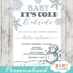 baby it's cold outside baby shower invites snowman winter wonderland boy silver blue gray theme