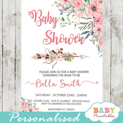 Boho Floral Arrow Baby Shower Invitations - D327 - Baby Printables