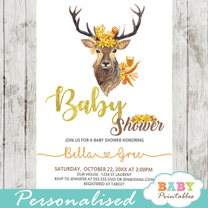 gender neutral fall mums golden yellow baby shower invitations with deer