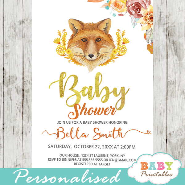 autumn woodland fox baby shower invitations