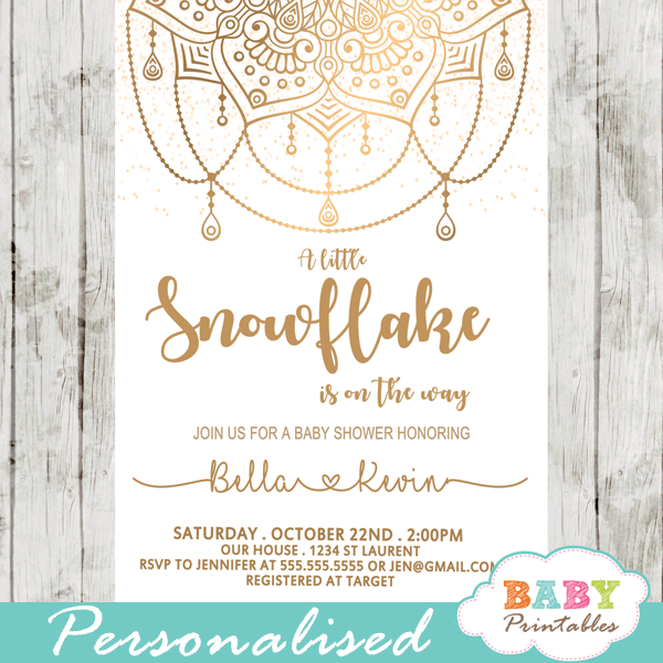 golden snowflake mandala baby shower invitations gender neutral winter unity spiritual symbolism